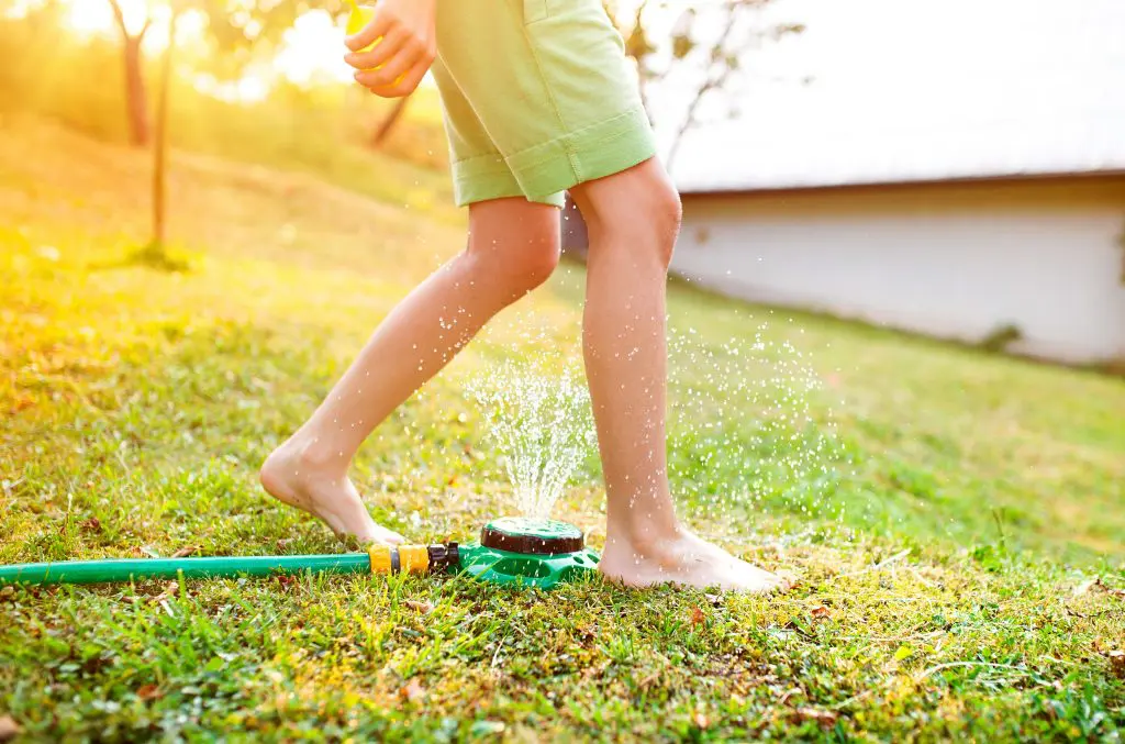 person walking on the garden, water sprayer below their feet